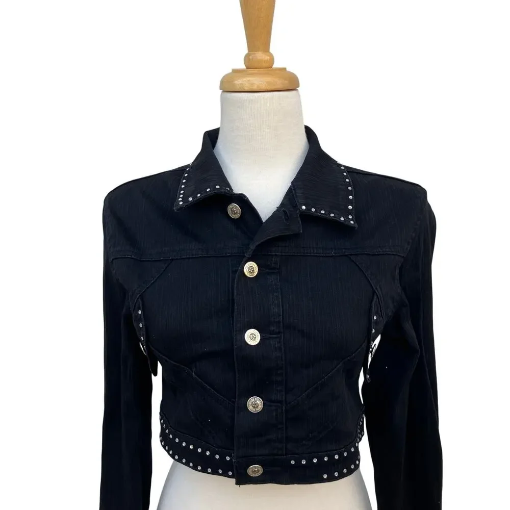 Judy Blue Denim Jacket XL 33” Black Rhinestone Cropped Stretch Western Cowgirl - Picture 2 of 11